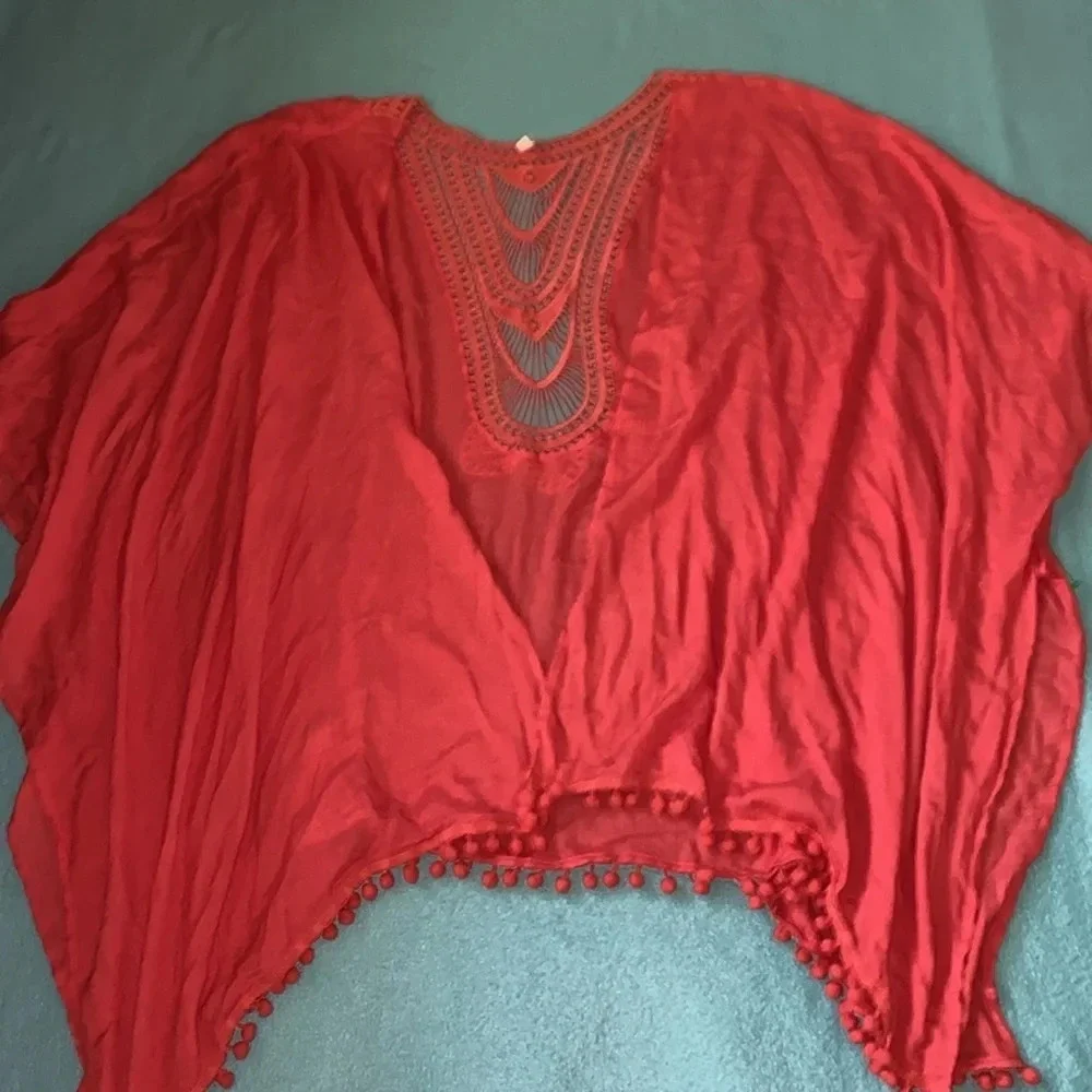 LANE BRYANT crochet & pom poms cover up kimono coral side slits NEW size OSFA